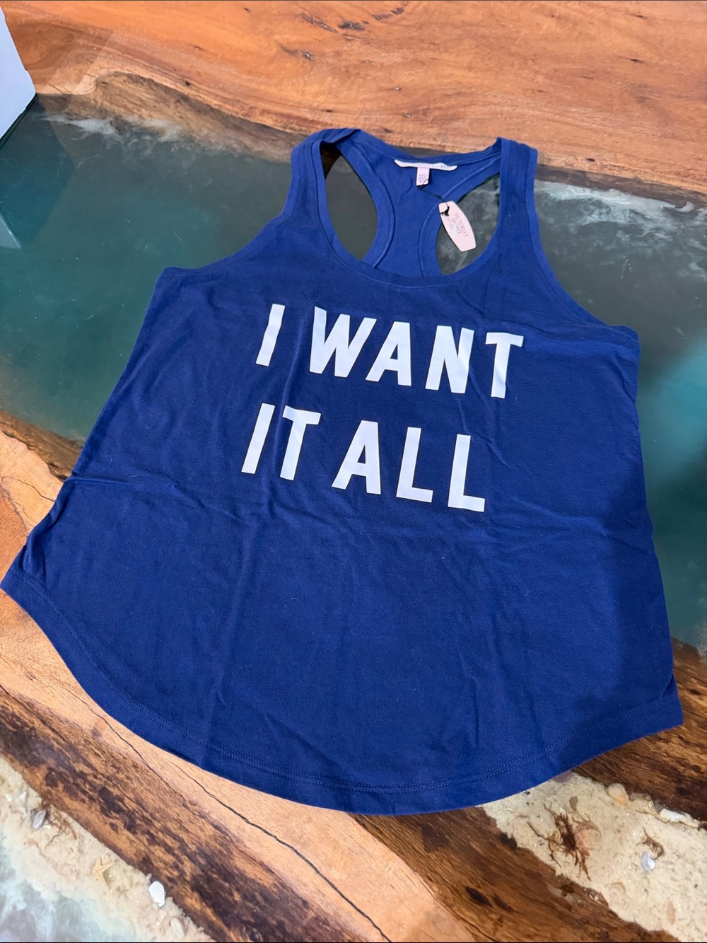 Victorias Secret Women’s Blue Racerback Tank Top – 'I Want It All'